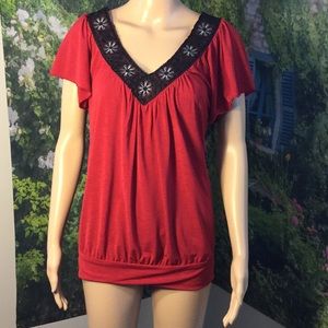 W WRAPPER : Short-sleeve red TOP/TUNIC:  SZ M